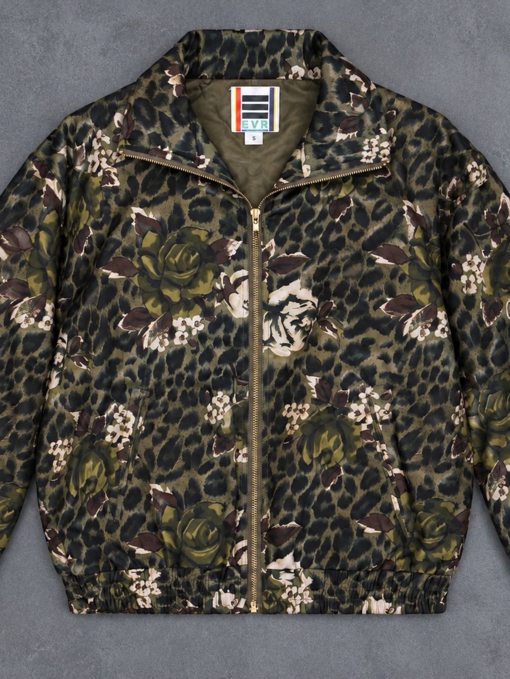 EVR Olive Green Floral Leopard-Print Bomber Jacket